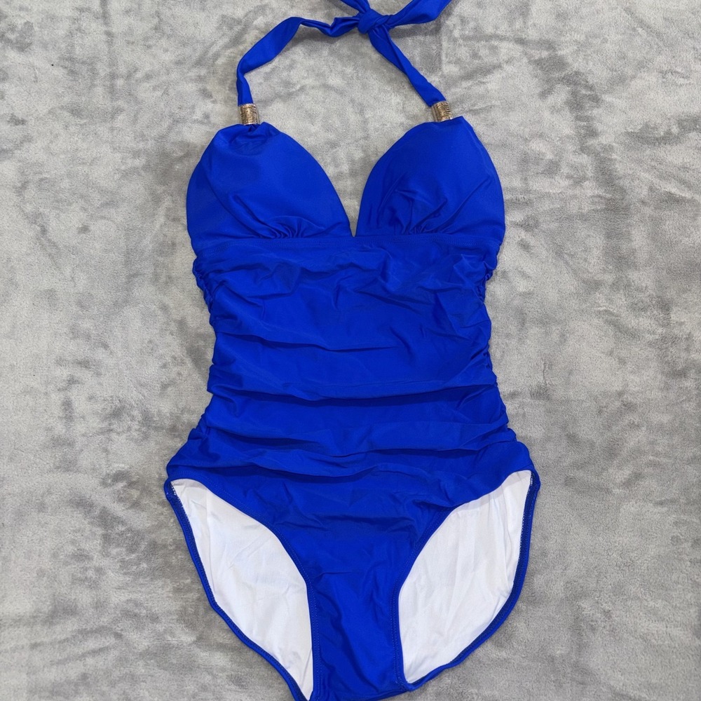 Womens Ruched One Piece Swimsuit Small Royal Blue Stretch Halter Neck Padded